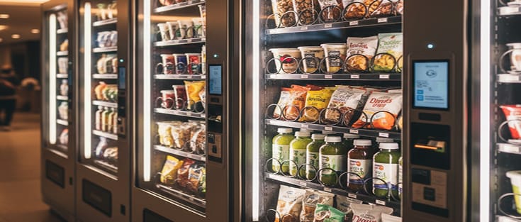 Row of glass-front vending machines stocked with snacks and fresh food