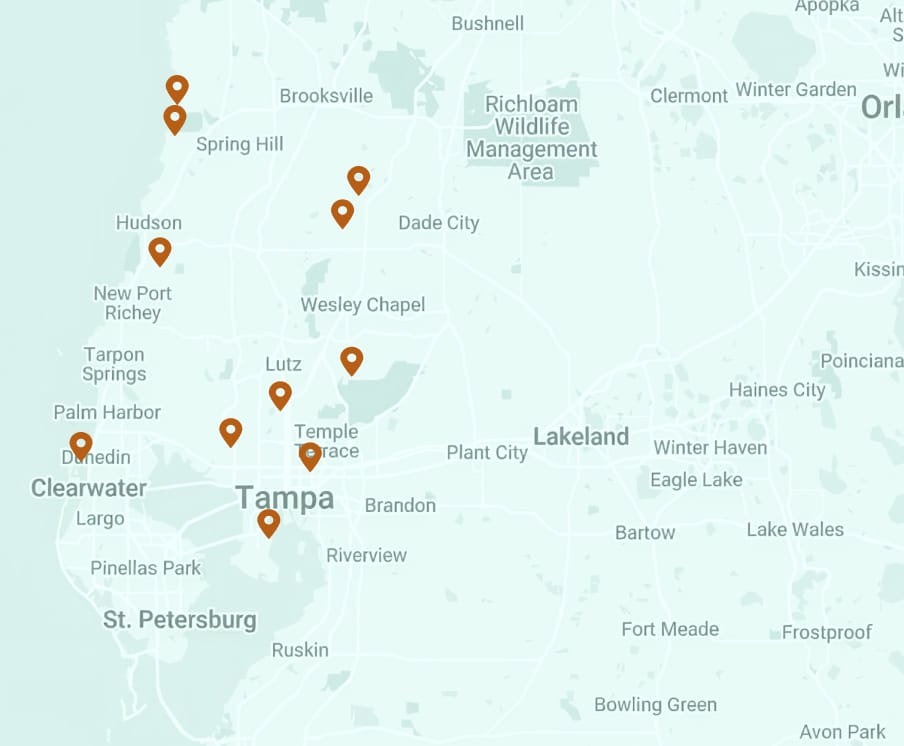 Map of the Vending Healthy service area across Tampa Bay and Central Florida with location pins