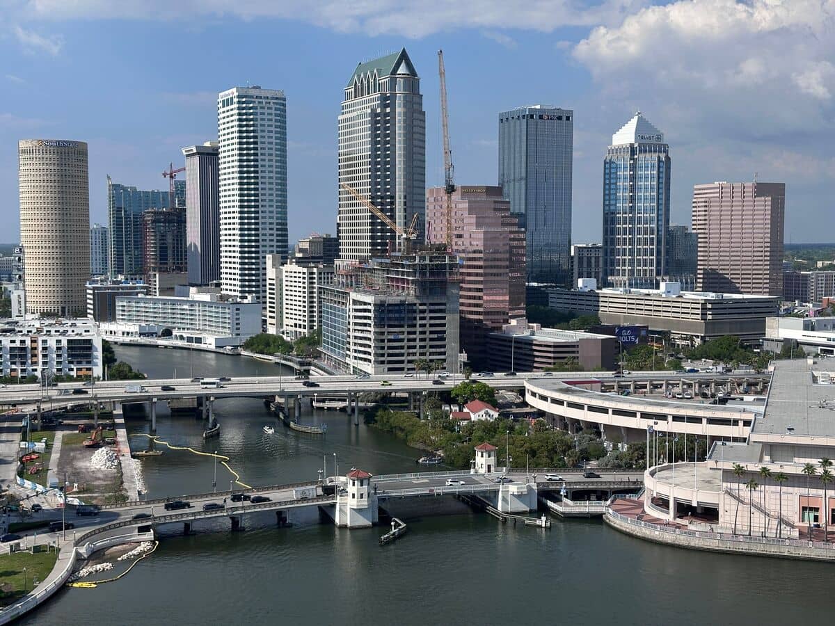 Tampa skyline and Riverwalk seen across the Hillsborough River