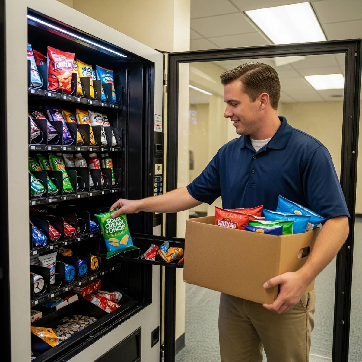 Technician restocking a vending machine from a box of snacks